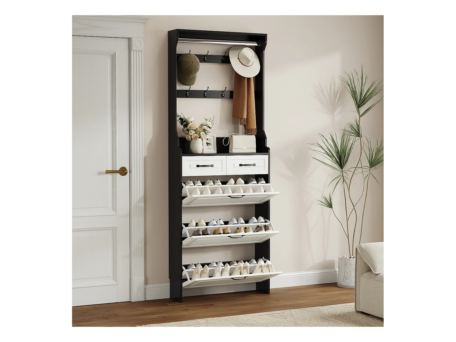 Mobile a chaussures MDF bianco 3 abattants 2 tiroirs Rangement couloir étroit 108×24×100 cm