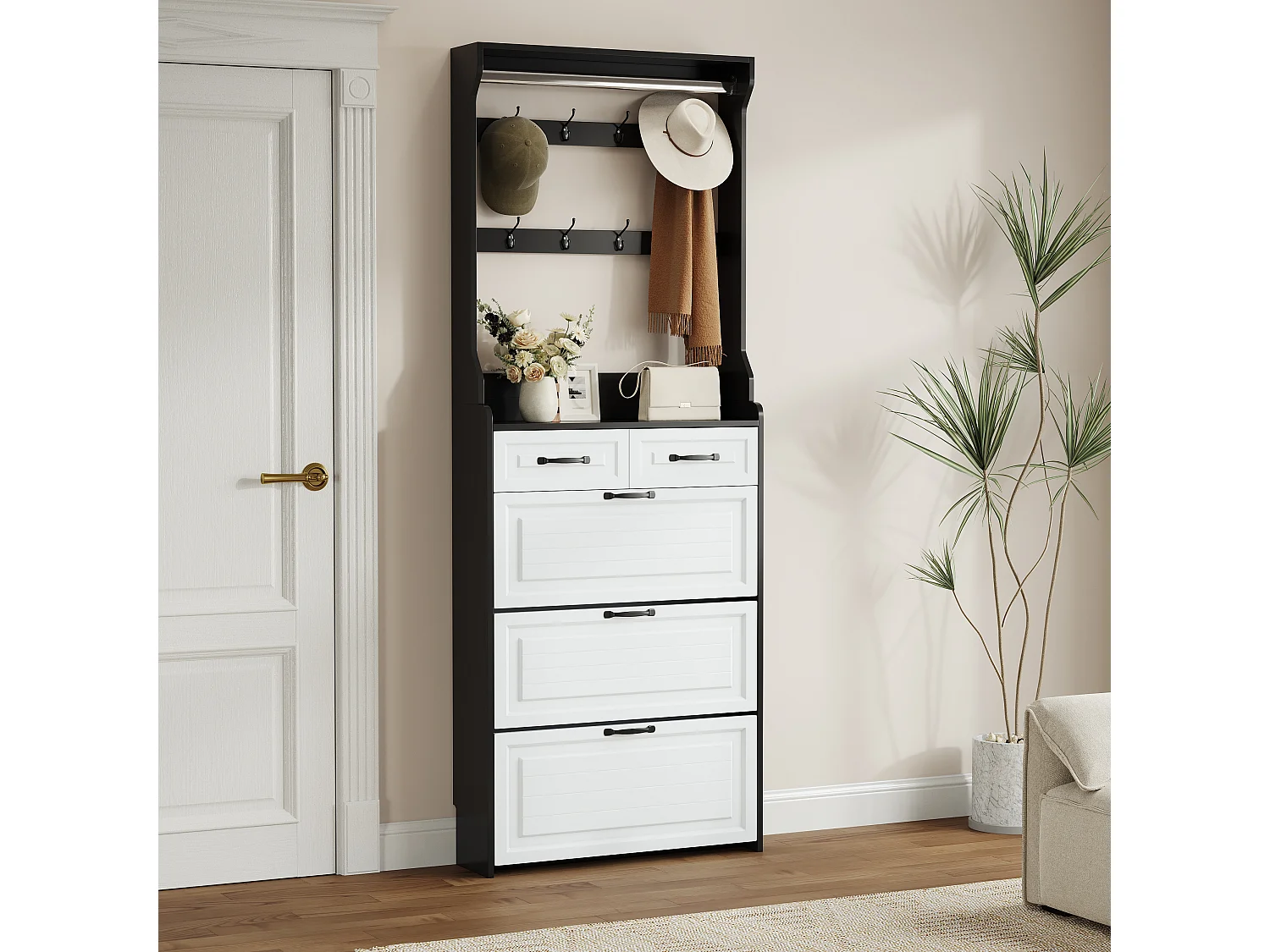 Sapateira de MDF branca com 3 abas e 2 gavetas, armazenamento em corredor estreito, 108 x 24 x 100 cm