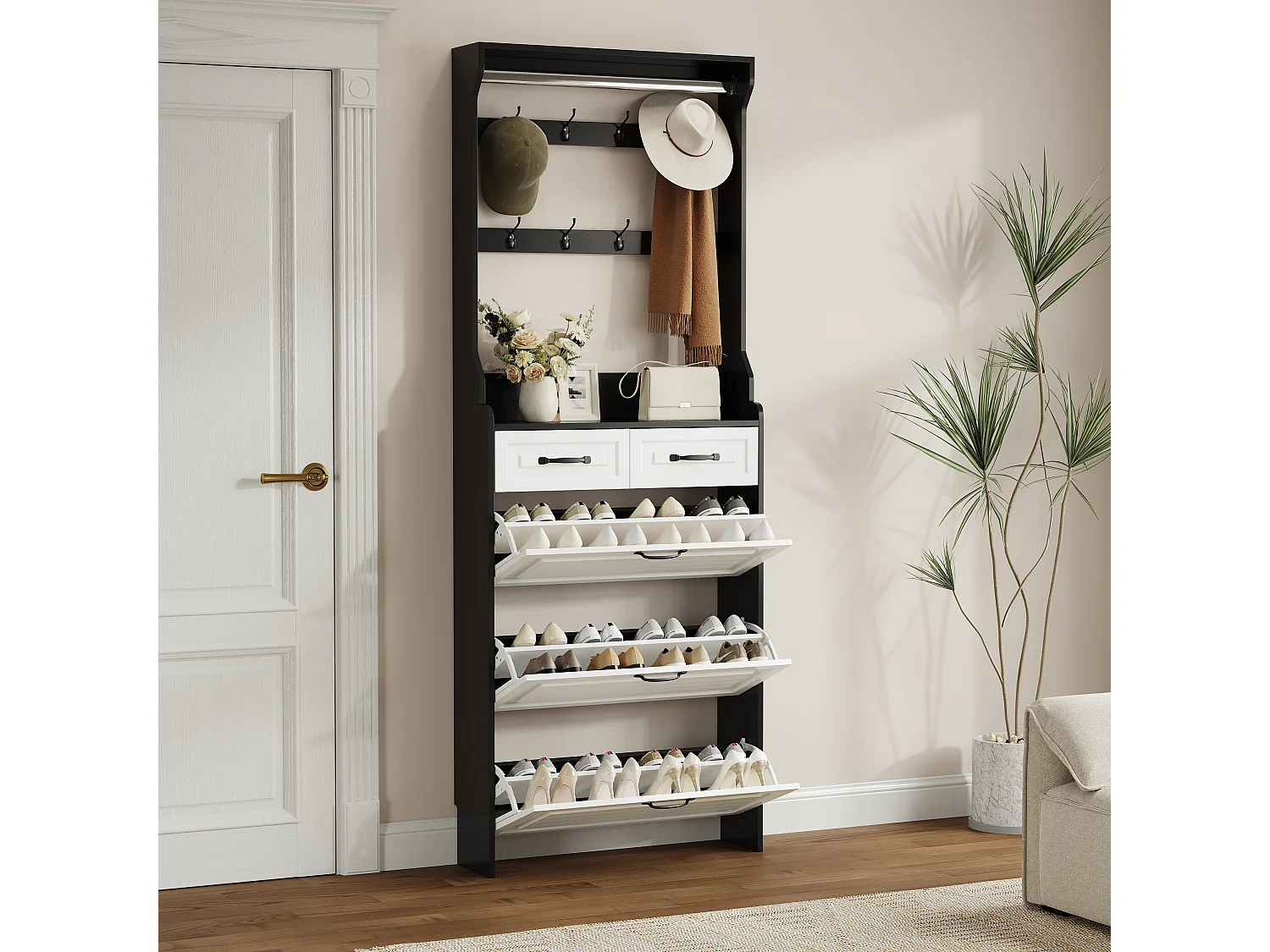 Sapateira de MDF branca com 3 abas e 2 gavetas, armazenamento em corredor estreito, 108 x 24 x 100 cm