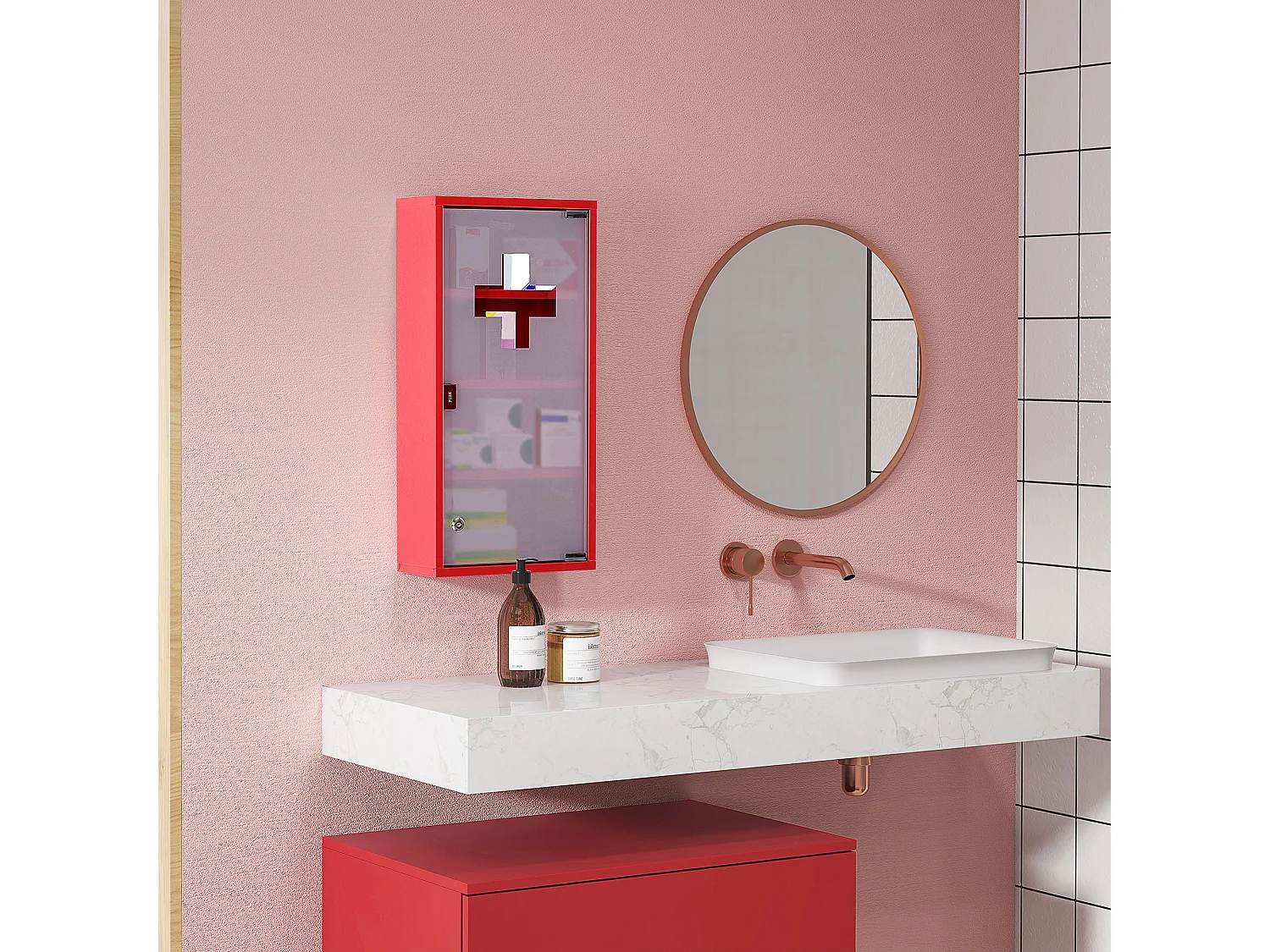 Armadio da farmacia murale in metallo con porta in vetro smaltato verrouillabile 60x30x12 cm