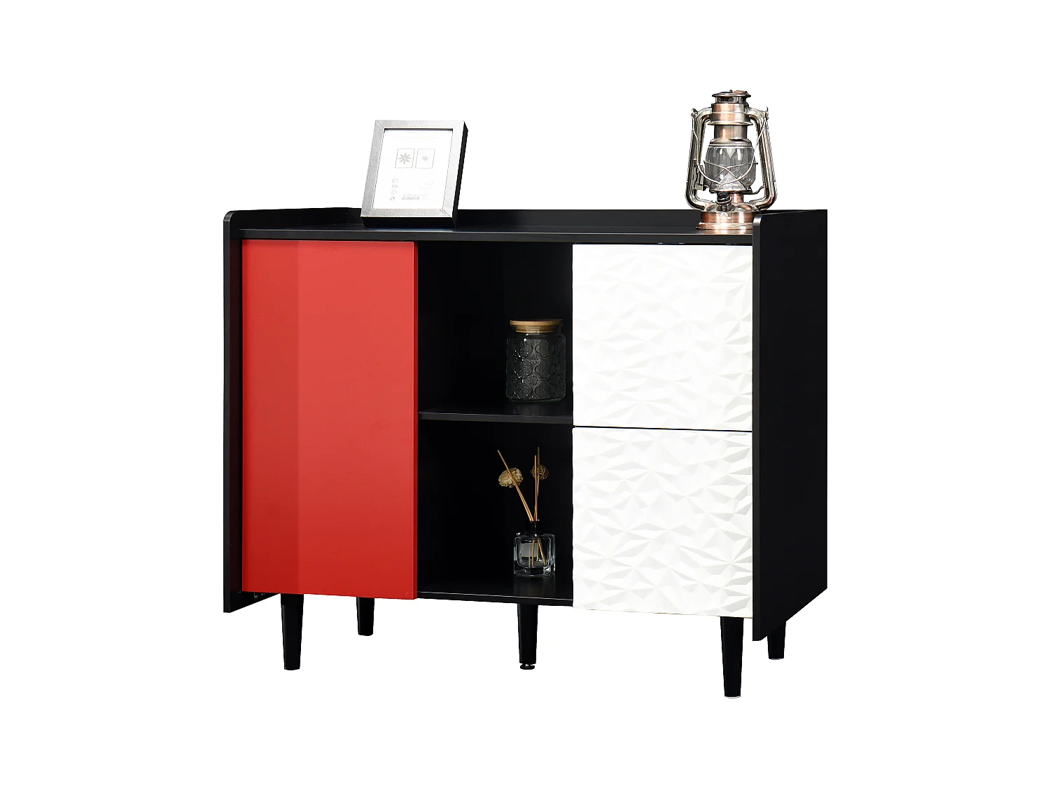 Aparador de MDF negro y rojo con cajones y espacio de almacenamiento abierto para cocina o salón, 90×40×80 cm