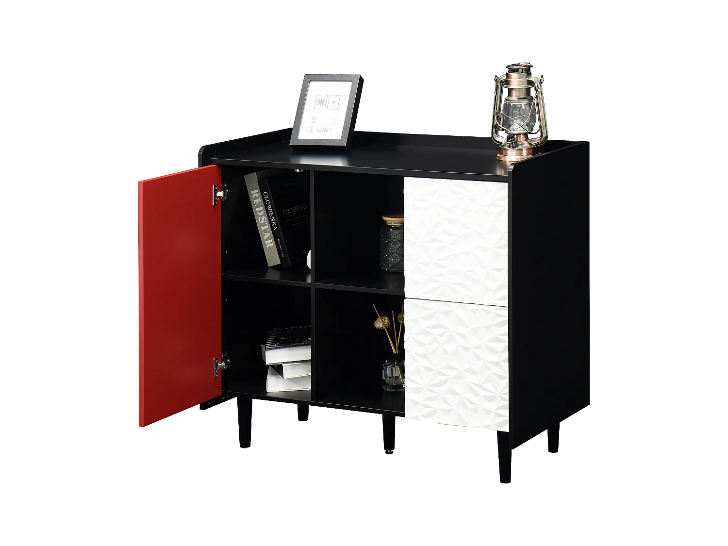 Aparador de MDF negro y rojo con cajones y espacio de almacenamiento abierto para cocina o salón, 90×40×80 cm