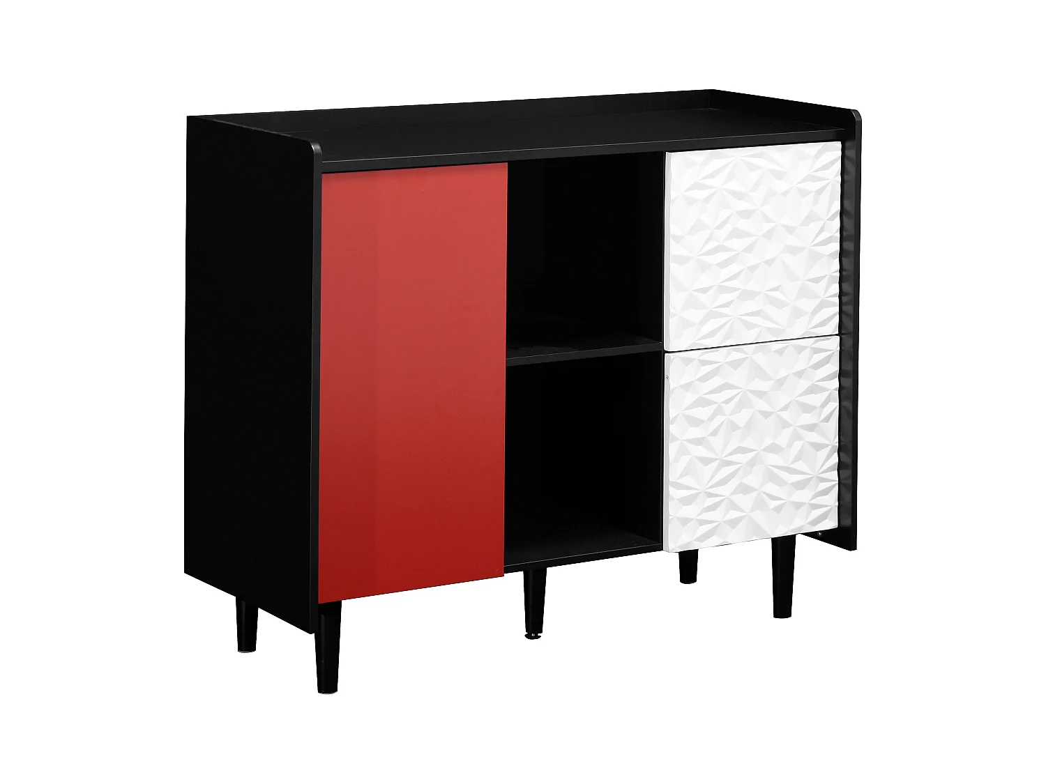 Aparador de MDF negro y rojo con cajones y espacio de almacenamiento abierto para cocina o salón, 90×40×80 cm