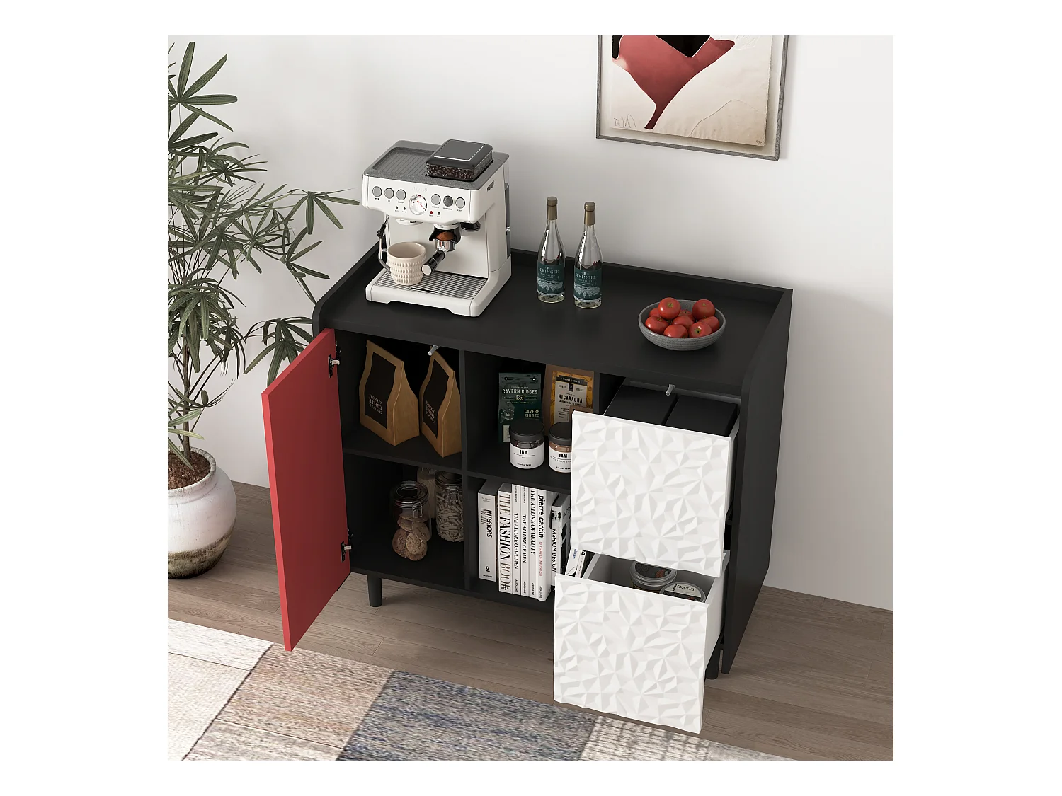 Aparador de MDF negro y rojo con cajones y espacio de almacenamiento abierto para cocina o salón, 90×40×80 cm