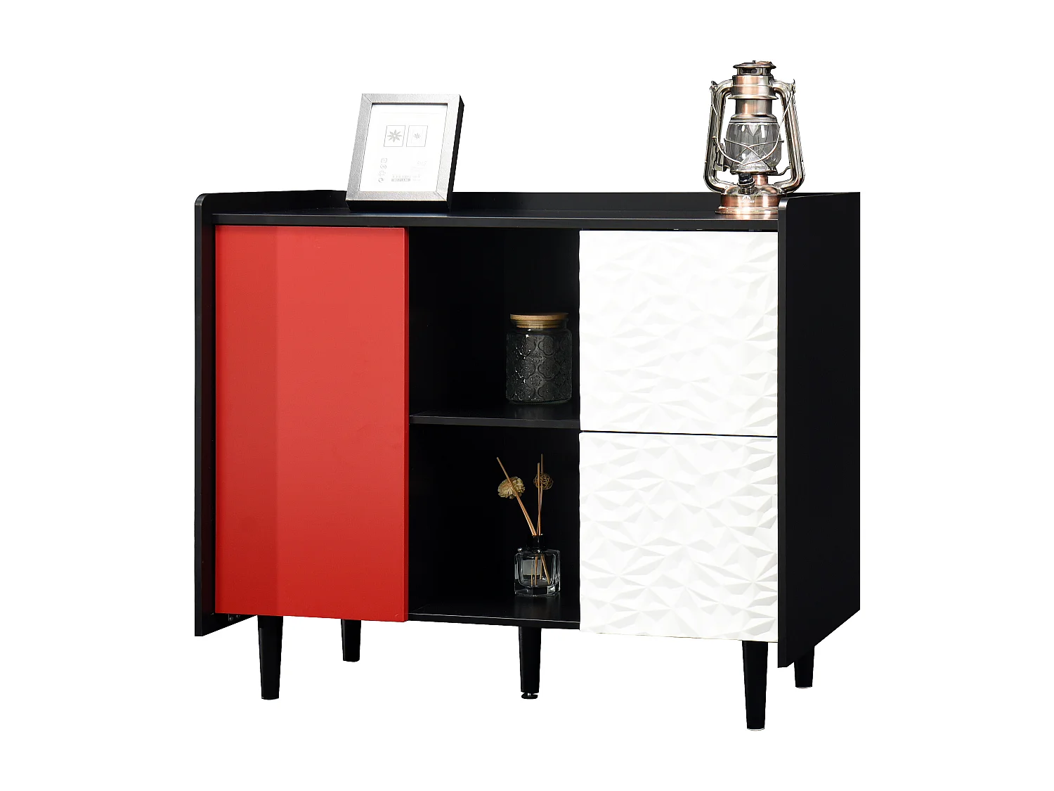 Aparador em MDF Preto e Vermelho com Gavetas e Armários Abertos para Cozinha ou Sala 90×40×80 cm