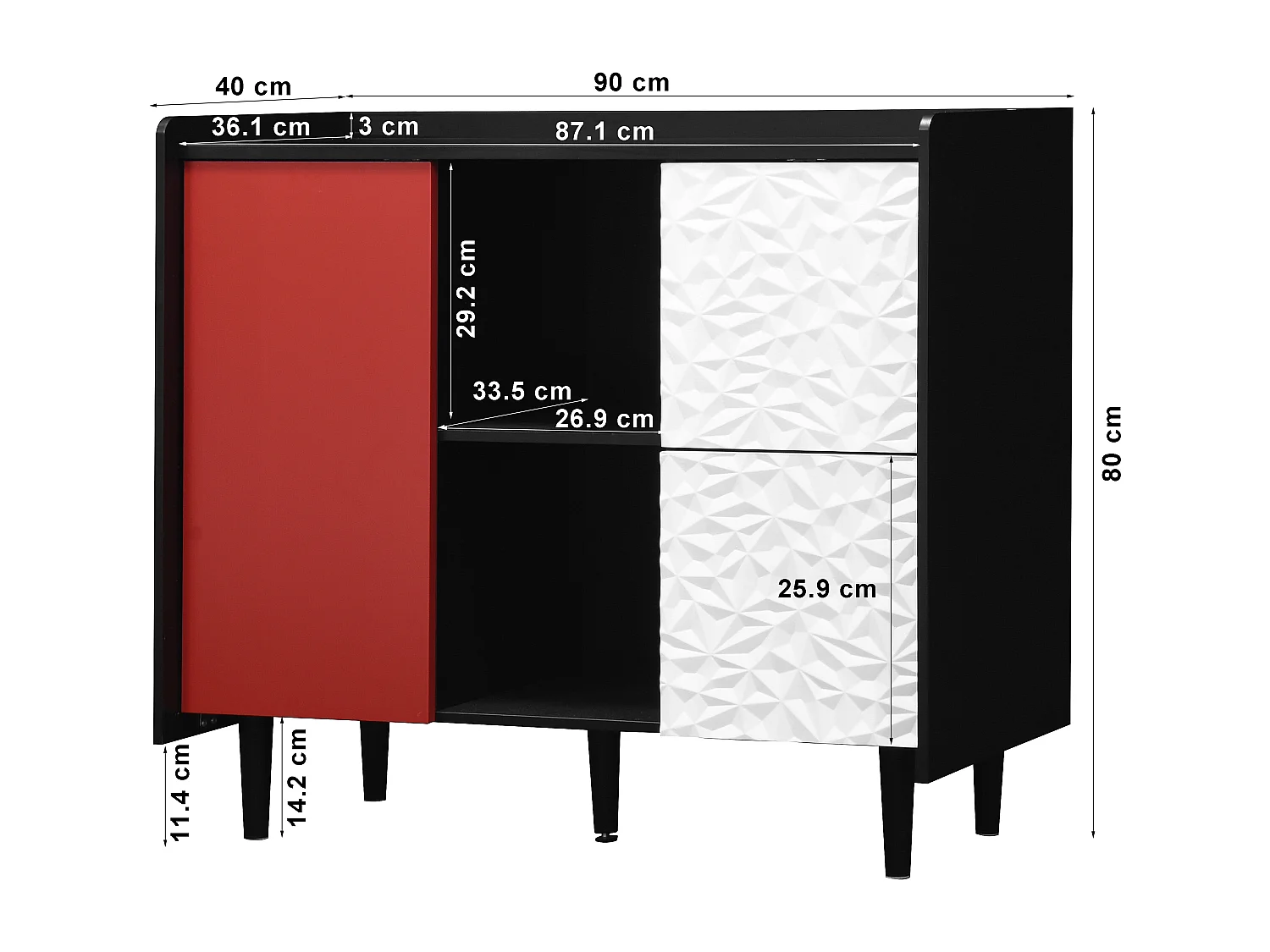 Aparador em MDF Preto e Vermelho com Gavetas e Armários Abertos para Cozinha ou Sala 90×40×80 cm