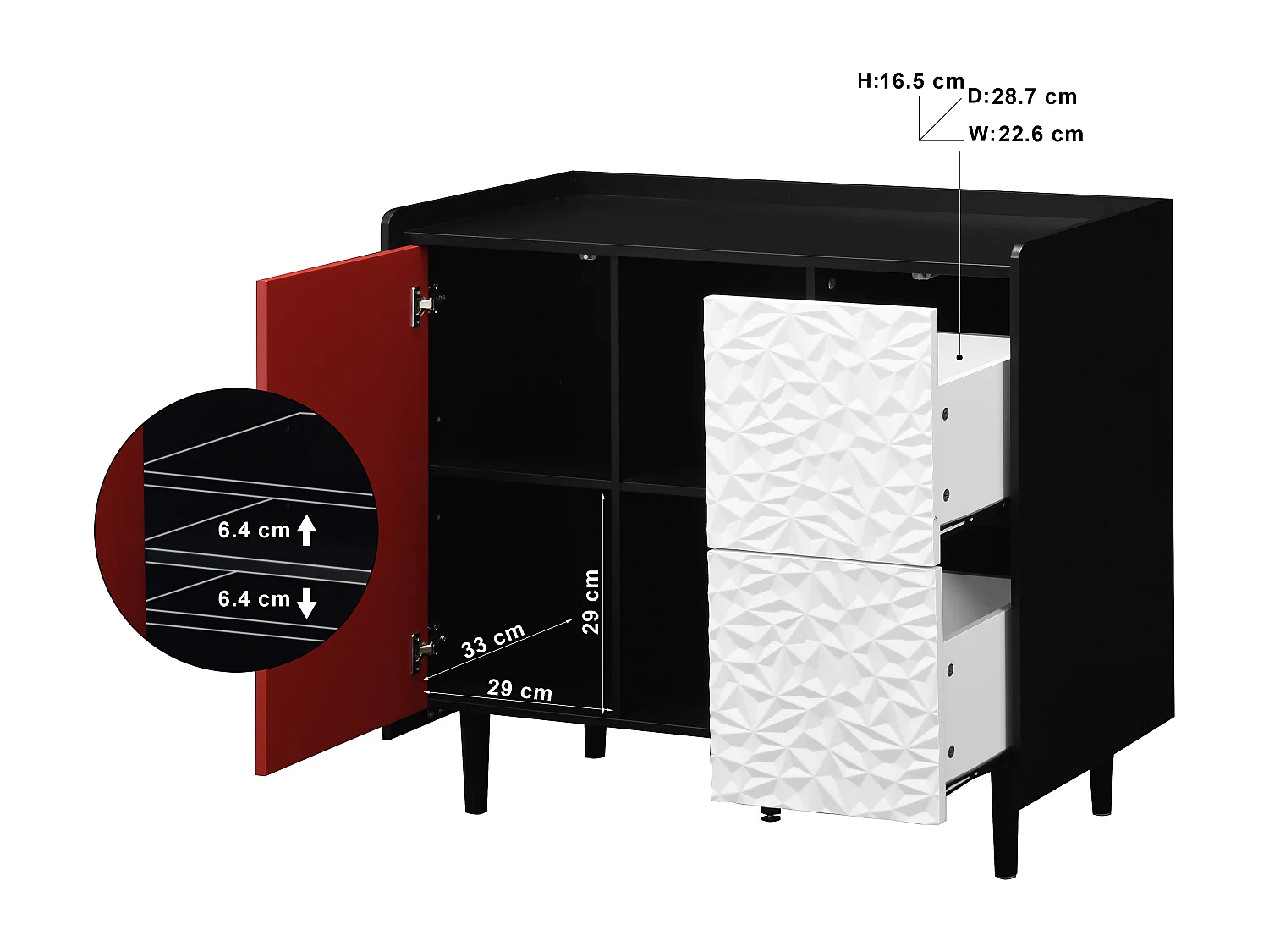 Aparador em MDF Preto e Vermelho com Gavetas e Armários Abertos para Cozinha ou Sala 90×40×80 cm