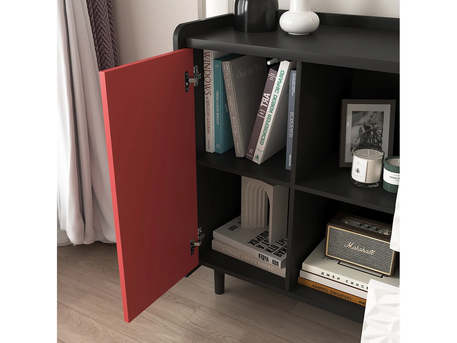 Aparador em MDF Preto e Vermelho com Gavetas e Armários Abertos para Cozinha ou Sala 90×40×80 cm