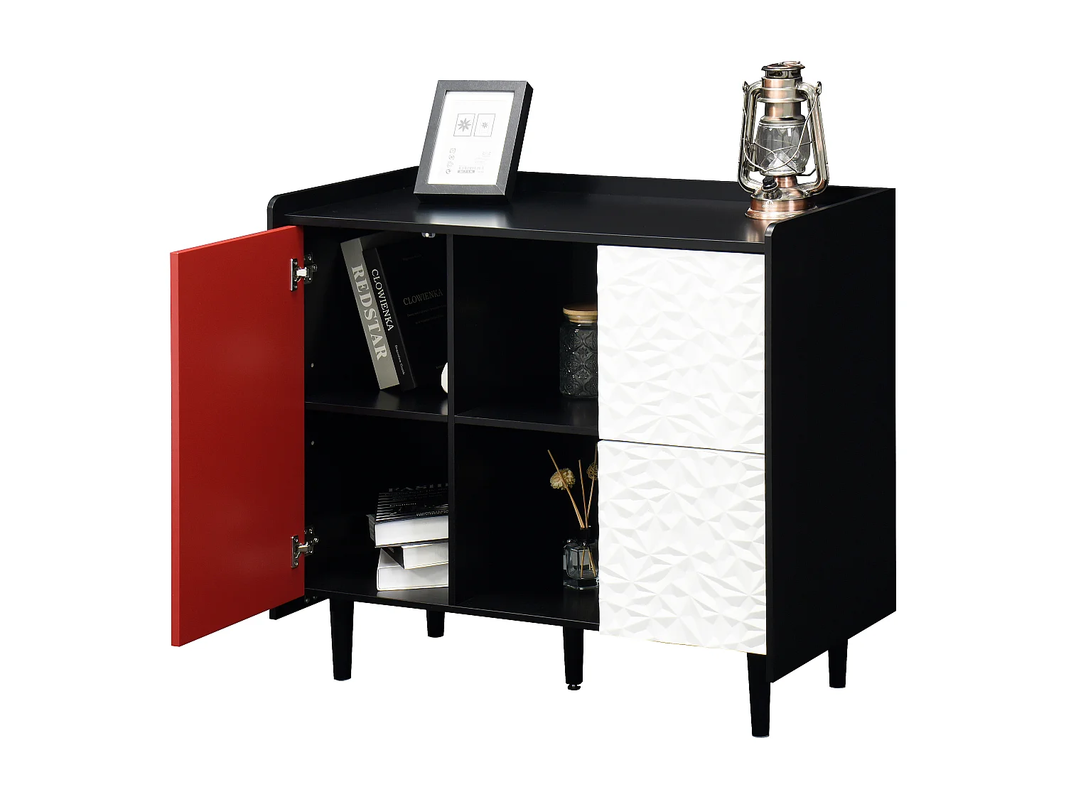 Aparador em MDF Preto e Vermelho com Gavetas e Armários Abertos para Cozinha ou Sala 90×40×80 cm