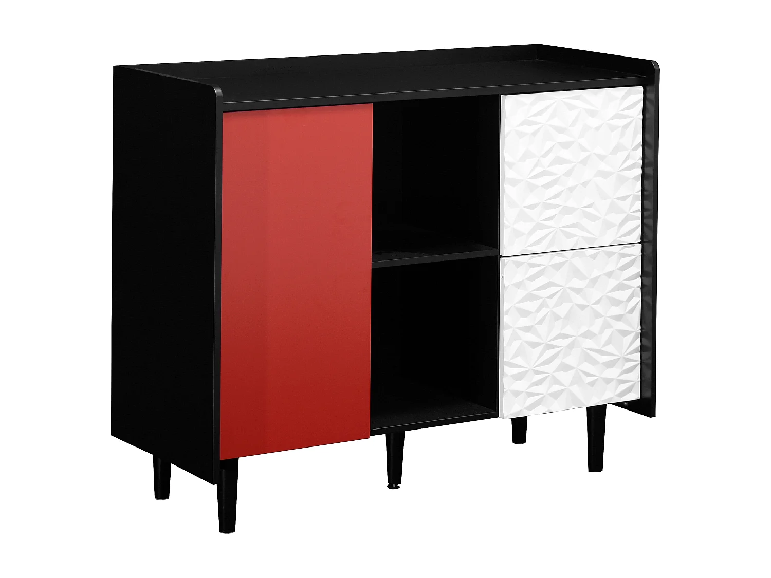 Aparador em MDF Preto e Vermelho com Gavetas e Armários Abertos para Cozinha ou Sala 90×40×80 cm