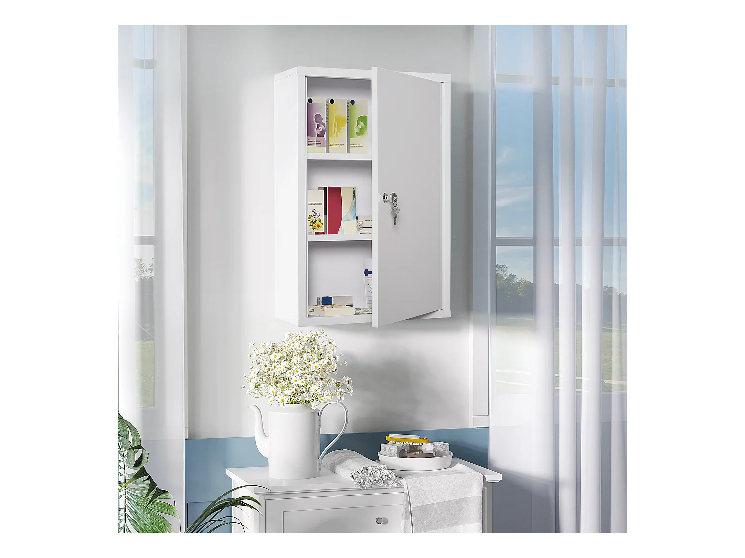 Armário de medicamentos de parede em aço com fechadura 3 níveis para banheiro 40x18x60cm branco