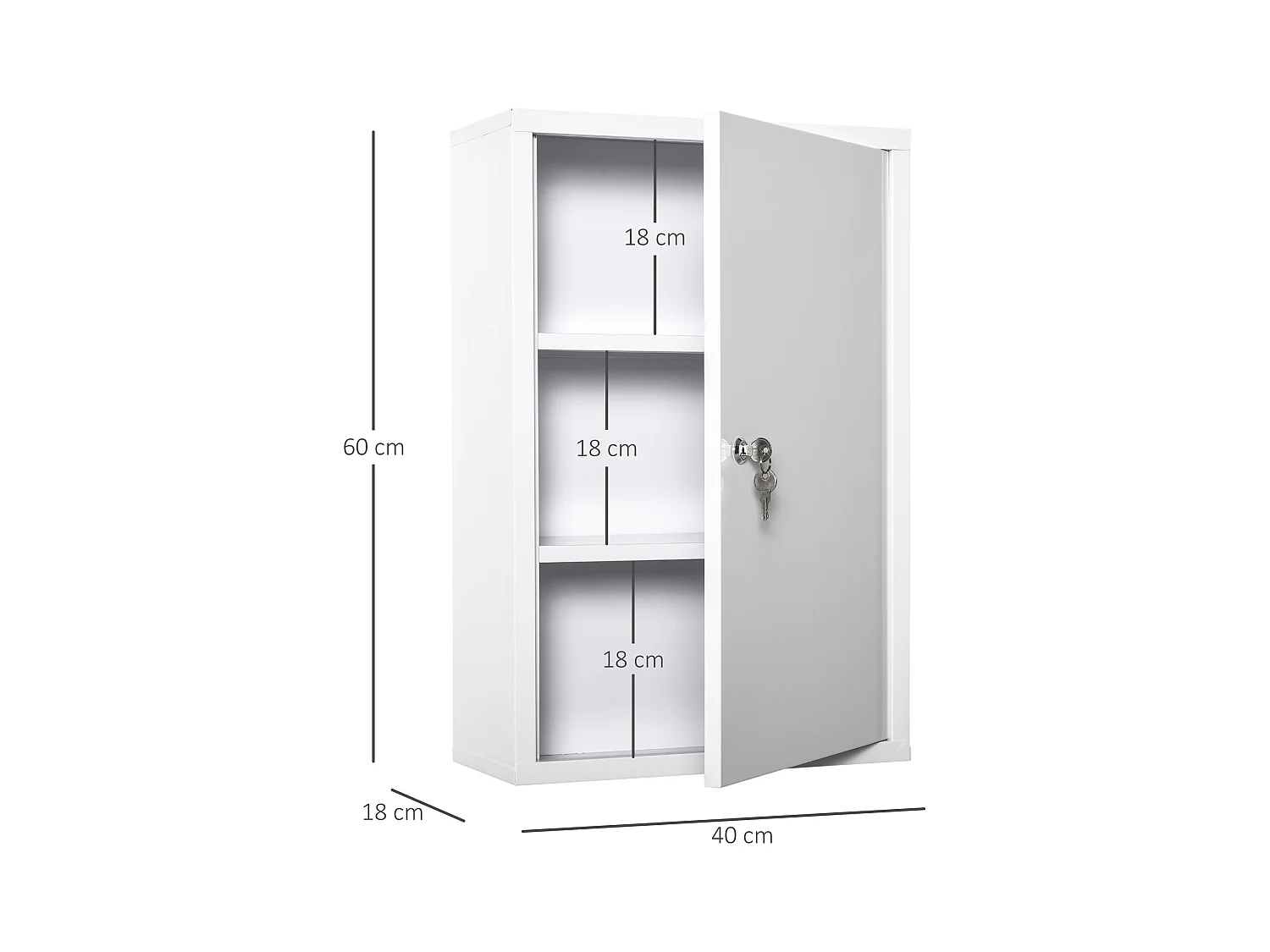 Armário de medicamentos de parede em aço com fechadura 3 níveis para banheiro 40x18x60cm branco