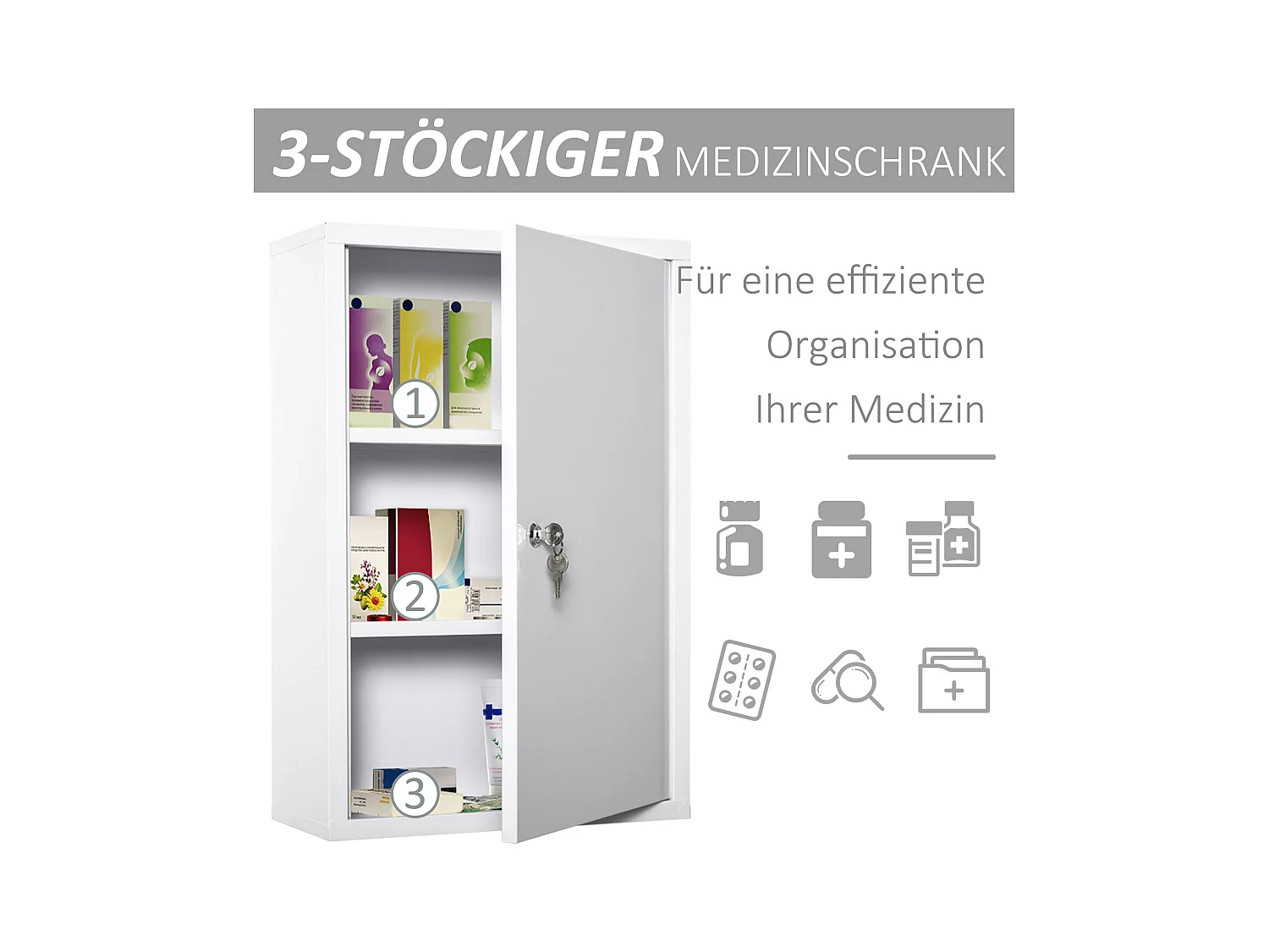 Armário de medicamentos de parede em aço com fechadura 3 níveis para banheiro 40x18x60cm branco