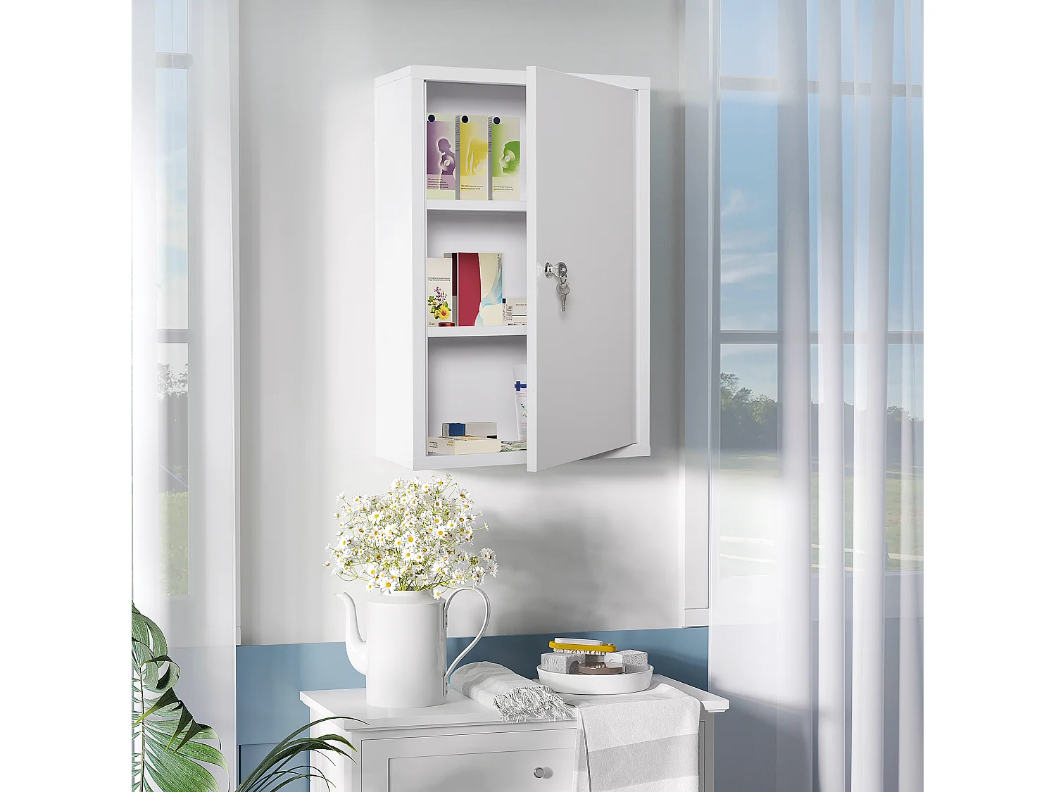Armoire à pharmacie murale en acier avec serrure 3 niveaux pour salle de bain 40x18x60cm blanc