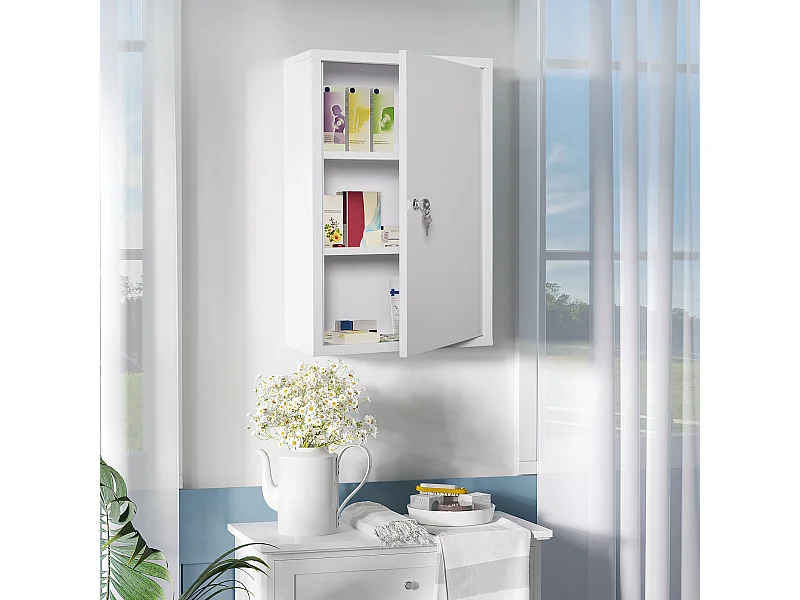 Armário de medicamentos de parede em aço com fechadura 3 níveis para banheiro 40x18x60cm branco
