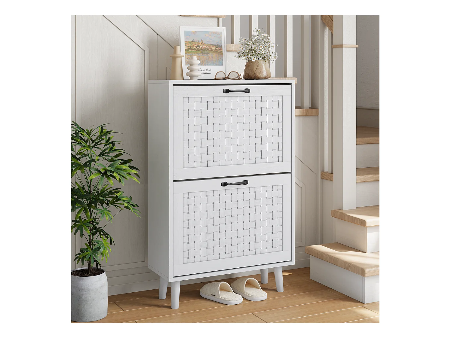 Mobile da pavimento in legno e rotin rangement compatto ingresso canale stile bohème 90×30×95cm