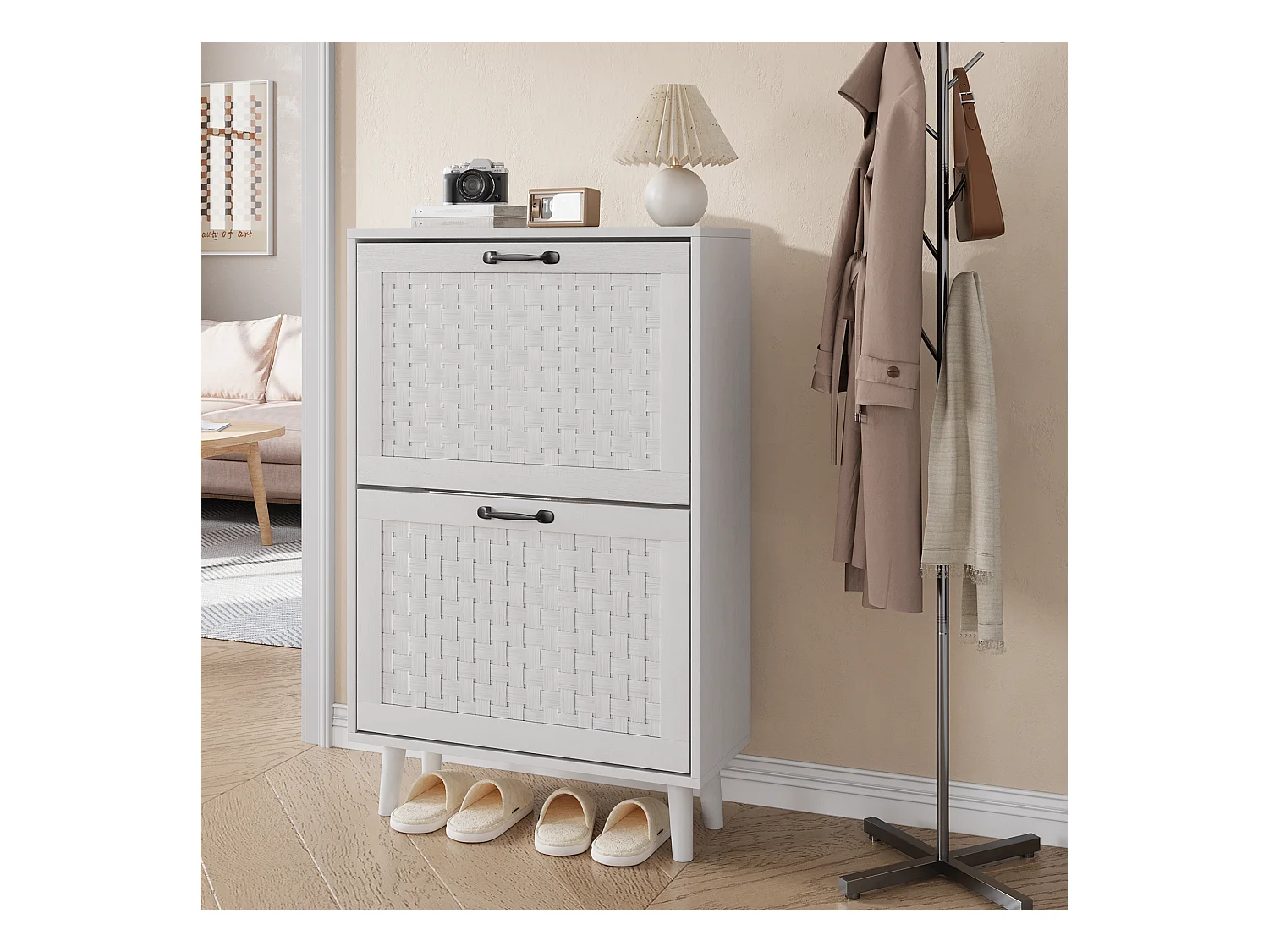 Mobile da pavimento in legno e rotin rangement compatto ingresso canale stile bohème 90×30×95cm