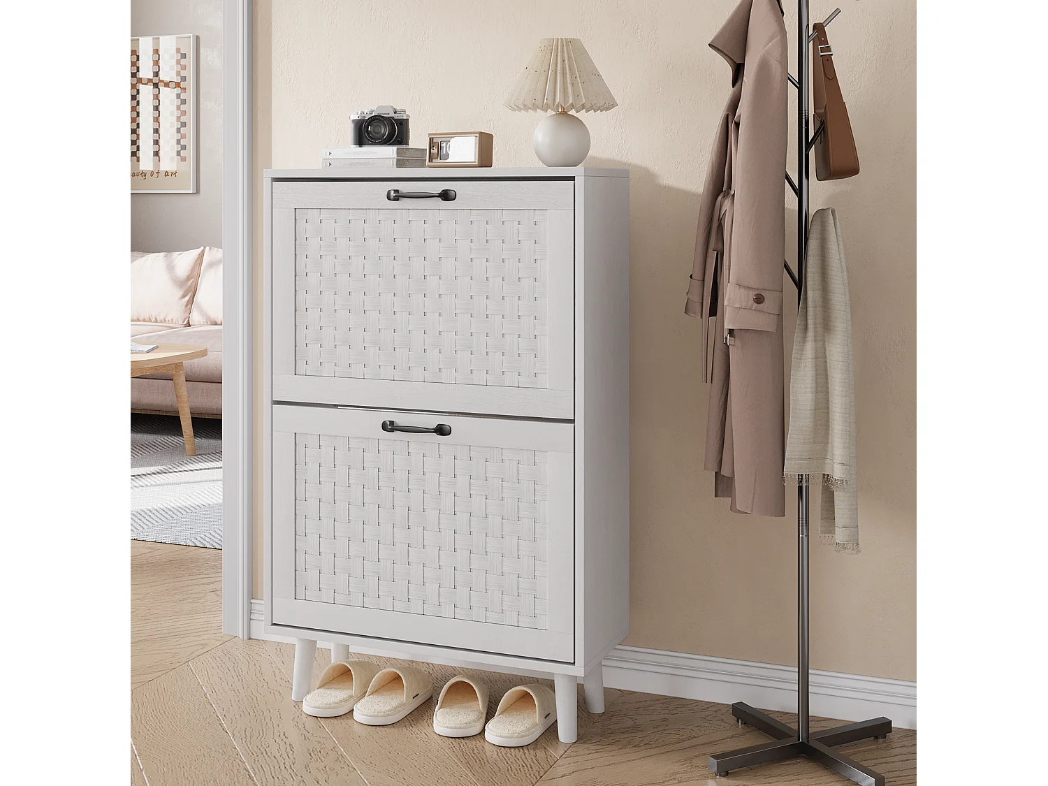 Sapateira compacta de madeira e rattan com armazenamento para entrada no corredor estilo boêmio 90×30×95cm