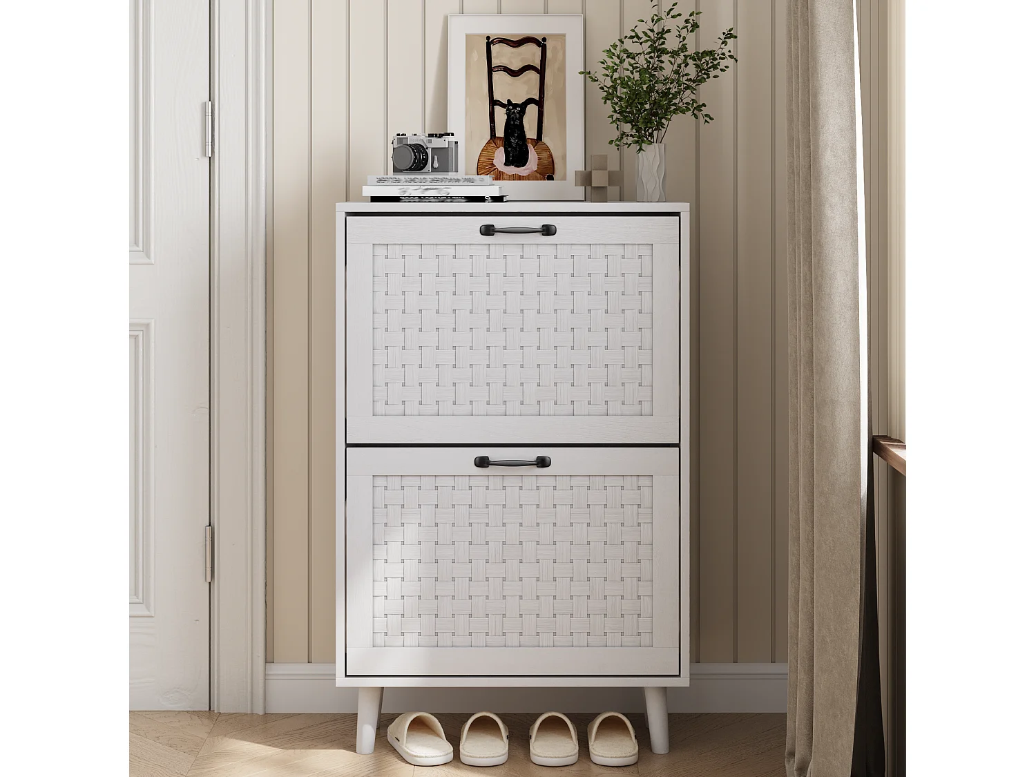 Sapateira compacta de madeira e rattan com armazenamento para entrada no corredor estilo boêmio 90×30×95cm