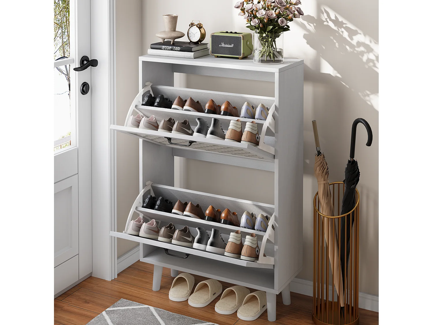 Sapateira compacta de madeira e rattan com armazenamento para entrada no corredor estilo boêmio 90×30×95cm