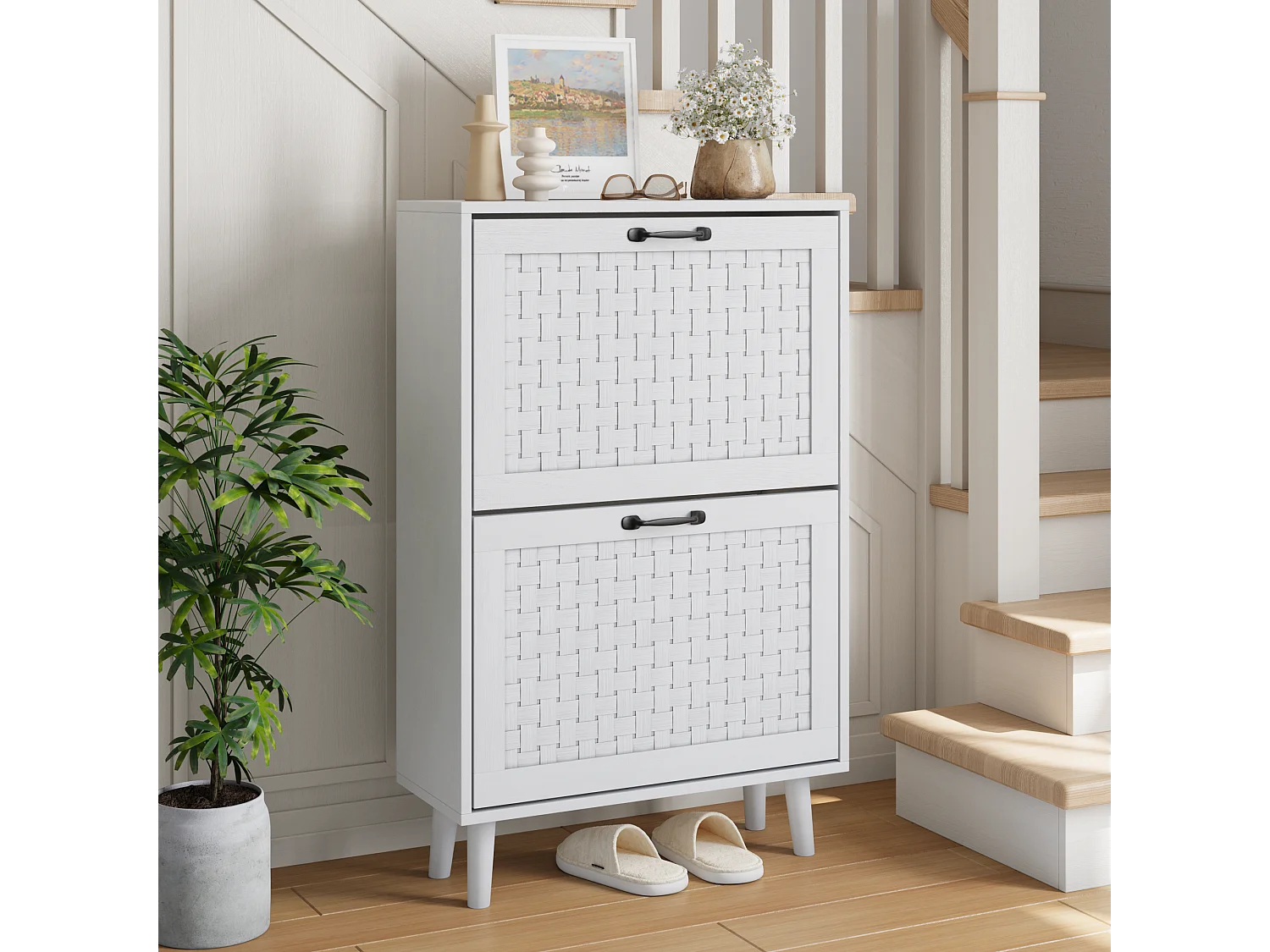 Sapateira compacta de madeira e rattan com armazenamento para entrada no corredor estilo boêmio 90×30×95cm