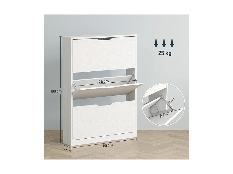Zapatero de madera con 3 puertas, capacidad para 12 pares, para entrada, 80x17x108 cm, color blanco