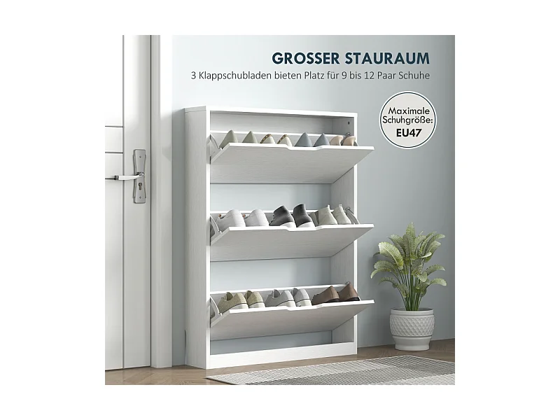 Zapatero de madera con 3 puertas, capacidad para 12 pares, para entrada, 80x17x108 cm, color blanco