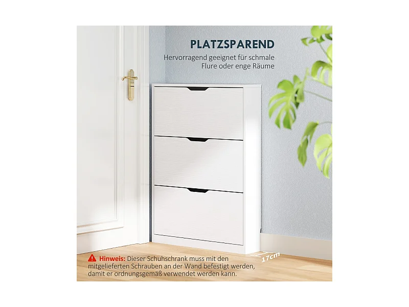 Zapatero de madera con 3 puertas, capacidad para 12 pares, para entrada, 80x17x108 cm, color blanco