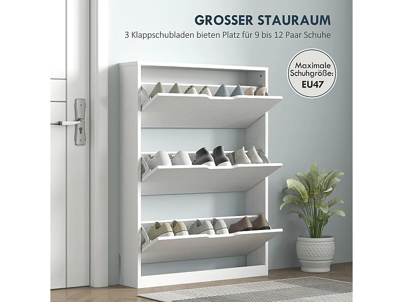 Sapateira de madeira com 3 abas, armazenamento para 12 pares para entrada, 80x17x108 cm, branco