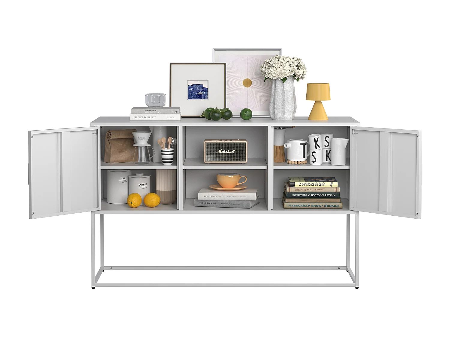 Aparador de almacenamiento de metal de acero duradero con 6 compartimentos para salón y cocina, color negro, 120 x 40 x 75 cm