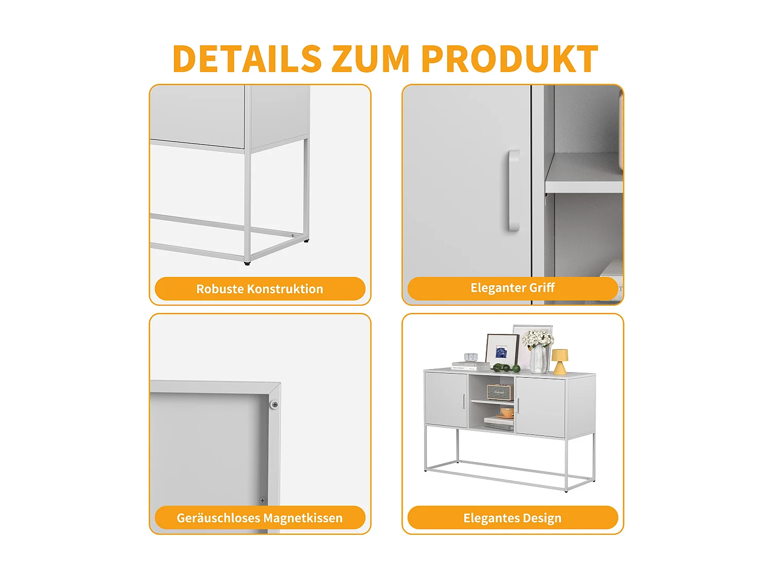 Aparador de almacenamiento de metal de acero duradero con 6 compartimentos para salón y cocina, color negro, 120 x 40 x 75 cm