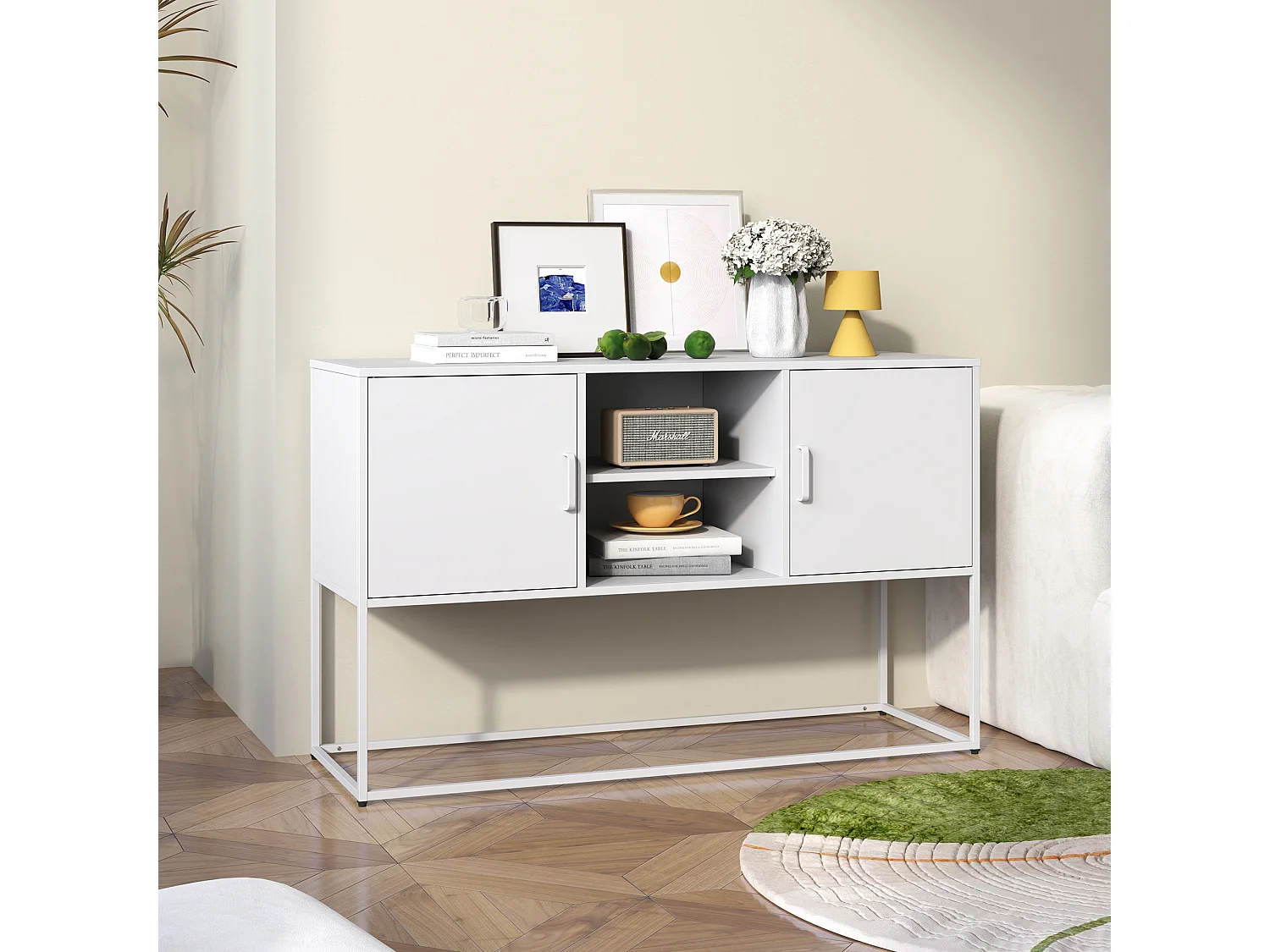 Aparador de almacenamiento de metal de acero duradero con 6 compartimentos para salón y cocina, color negro, 120 x 40 x 75 cm