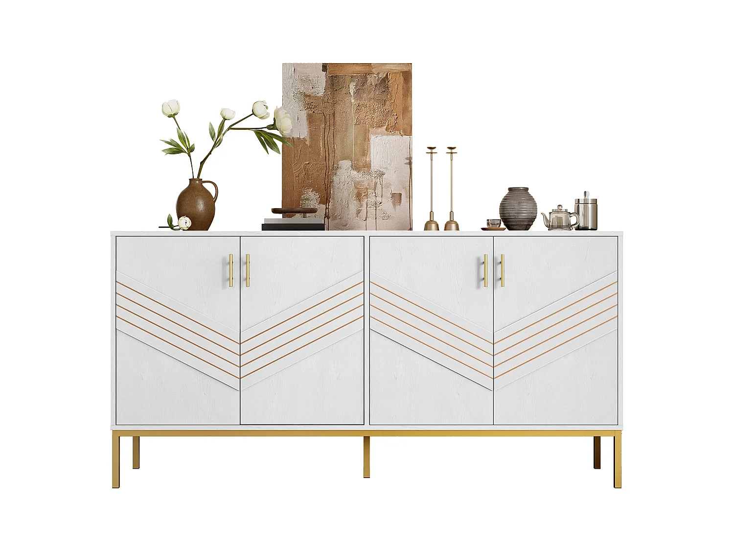 Aparador moderno de 4 portas em MDF branco com armazenamento modular e puxadores dourados, 160 x 40 x 80,5 cm