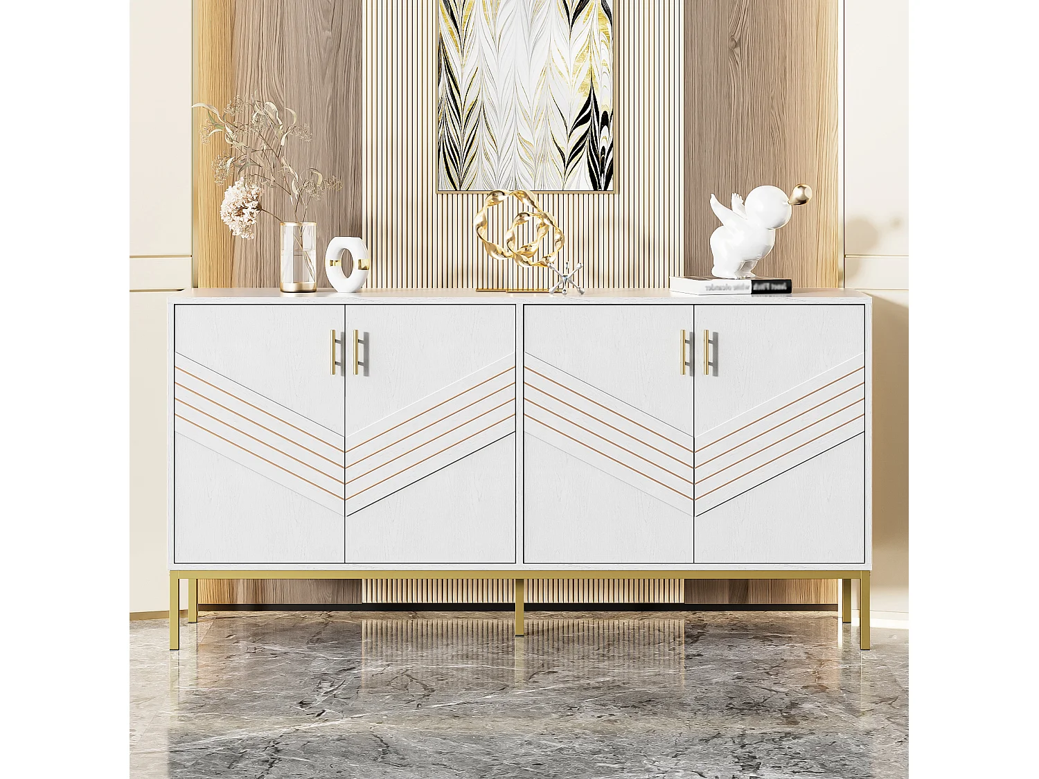 Buffet 4 porte MDF bianco rangement modulabile poignées dorées 160x40x80,5 cm moderno