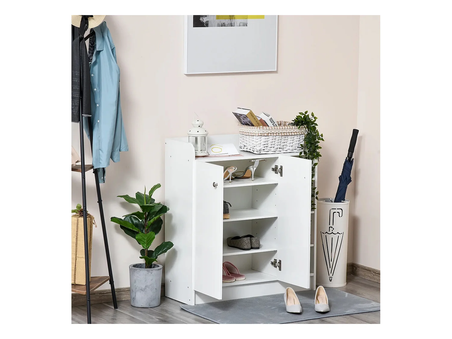 Zapatero de madera de 12 pares con estantes abiertos y armario 83x30x90cm roble claro