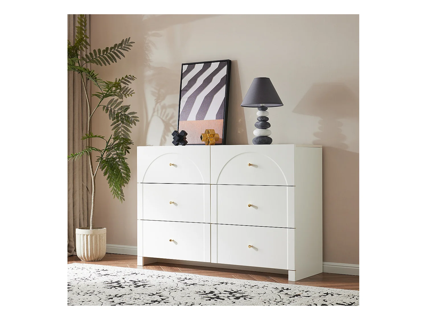 Cômoda romântica com 6 gavetas em madeira MDF, branco-creme, para quarto