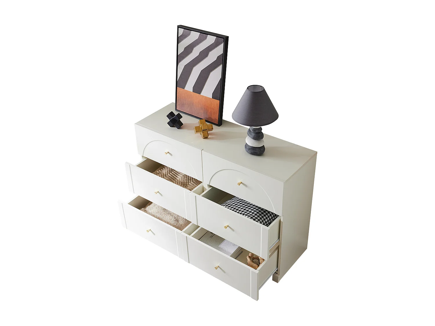 Cômoda romântica com 6 gavetas em madeira MDF, branco-creme, para quarto