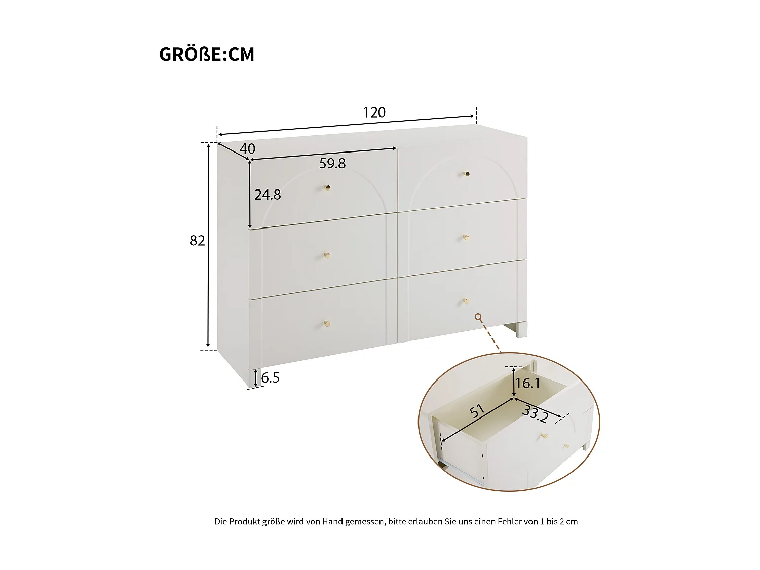 Cômoda romântica com 6 gavetas em madeira MDF, branco-creme, para quarto