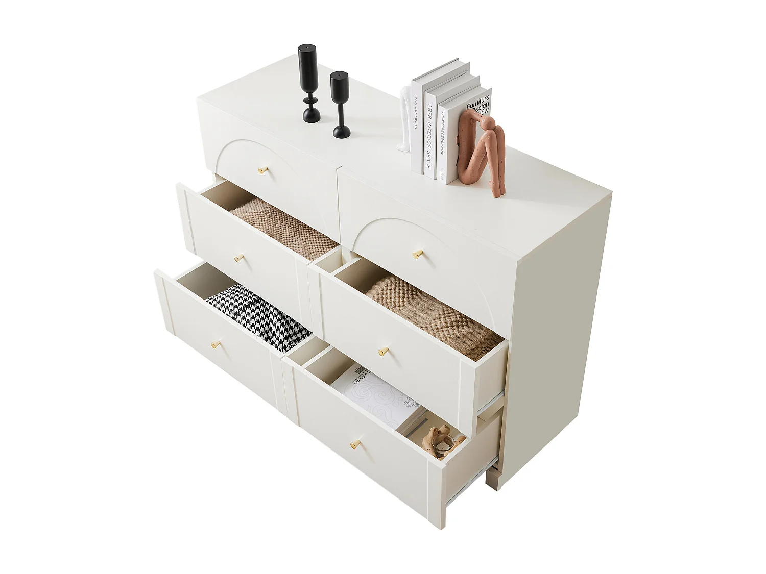 Cômoda romântica com 6 gavetas em madeira MDF, branco-creme, para quarto