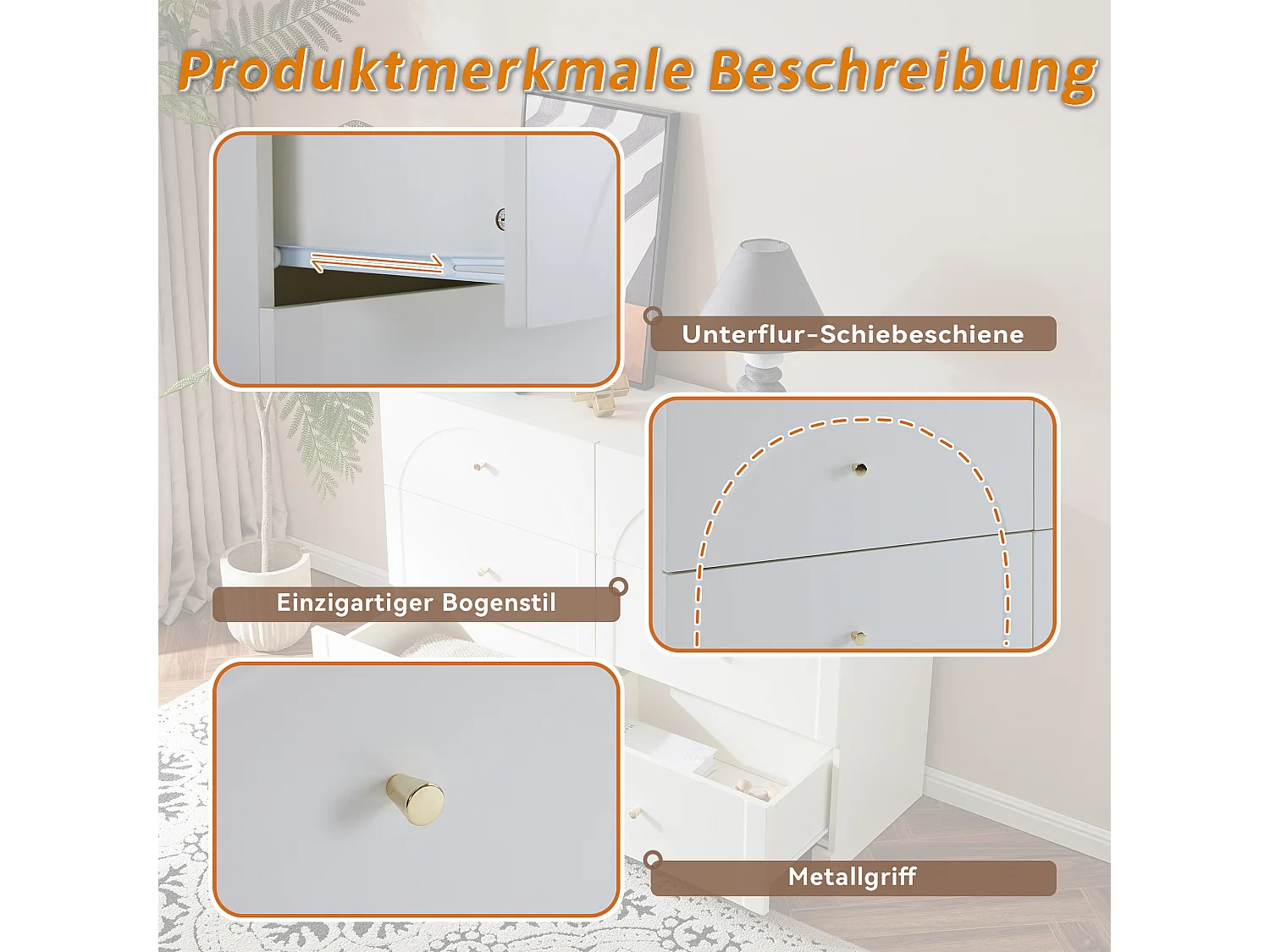 Cômoda romântica com 6 gavetas em madeira MDF, branco-creme, para quarto