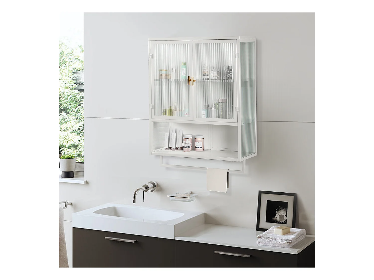 Mueble de pared de metal y cristal templado con estante de diseño para baño blanco 60x23x78cm