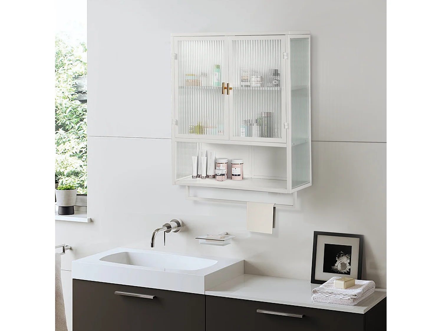 Mueble de pared de metal y cristal templado con estante de diseño para baño blanco 60x23x78cm