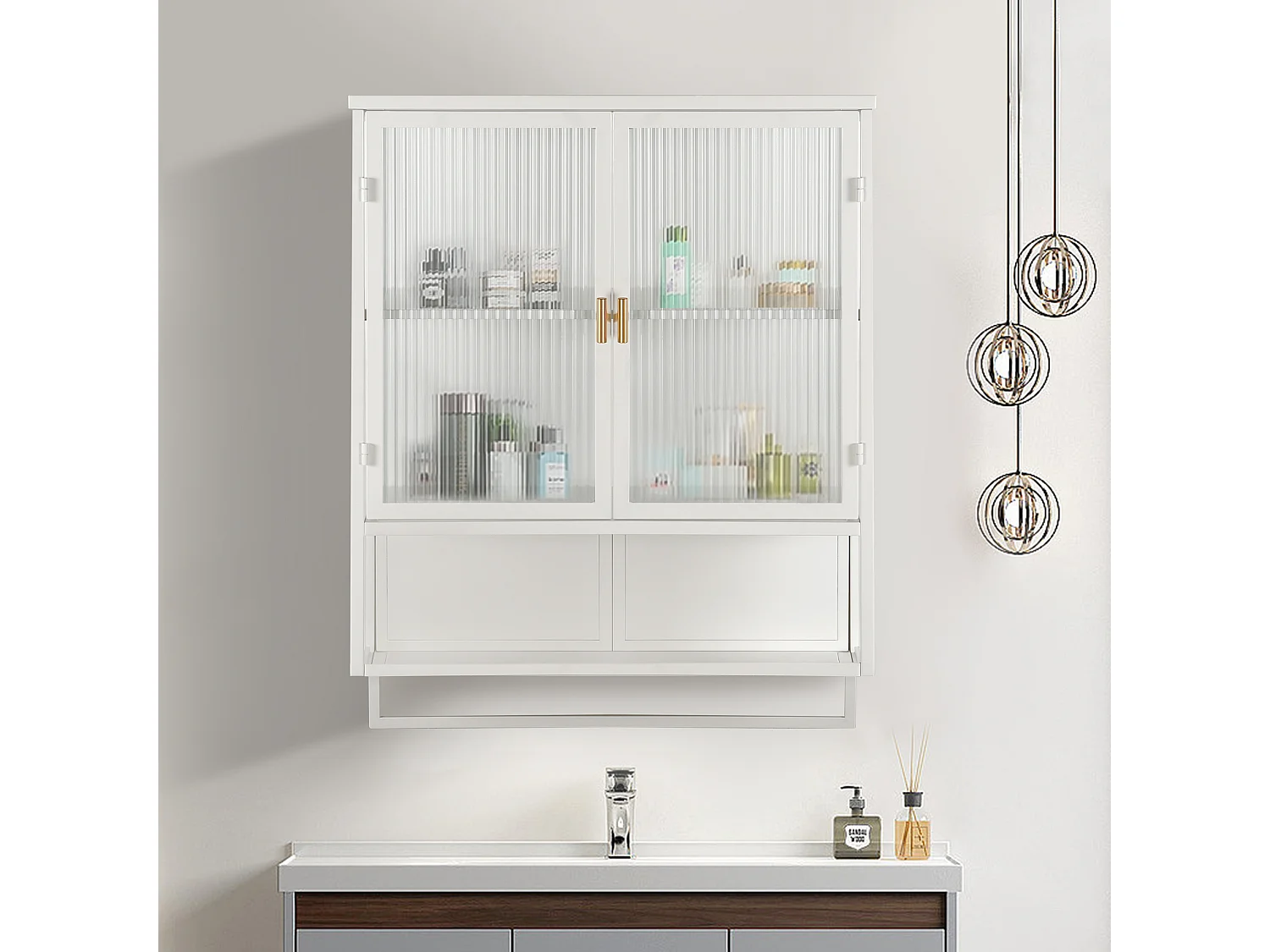 Mueble de pared de metal y cristal templado con estante de diseño para baño blanco 60x23x78cm