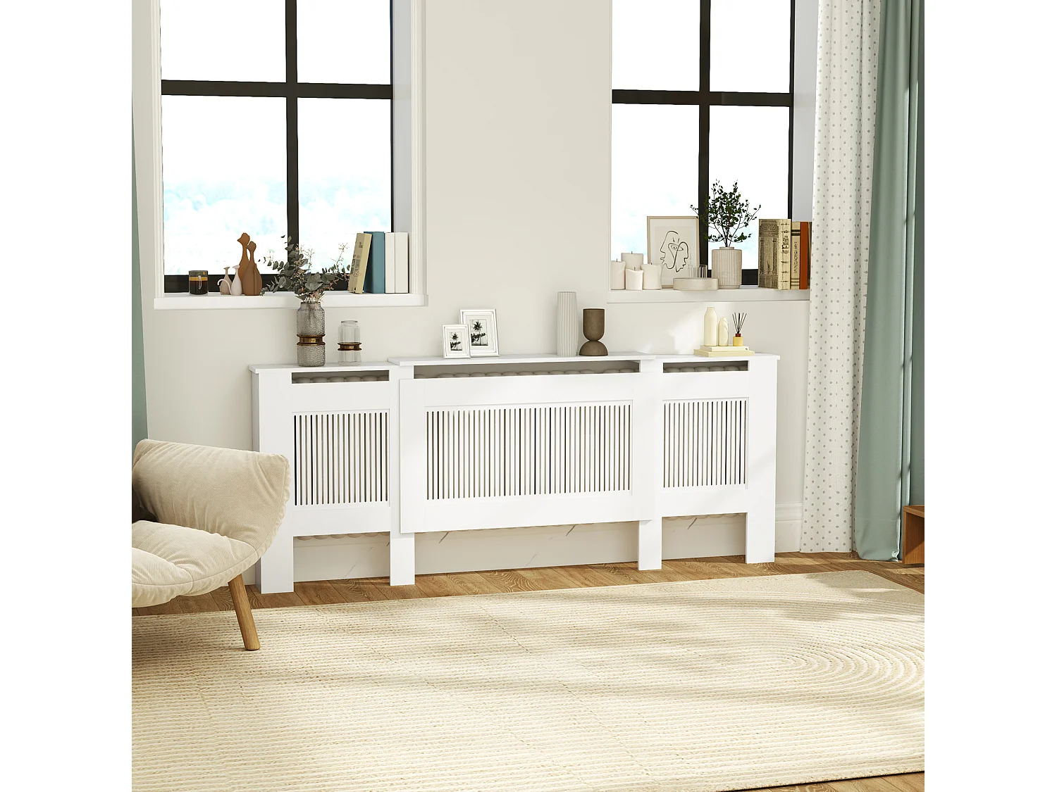 Cubreradiador extensible de MDF blanco con balda de almacenaje 125-201x19x81,5 cm