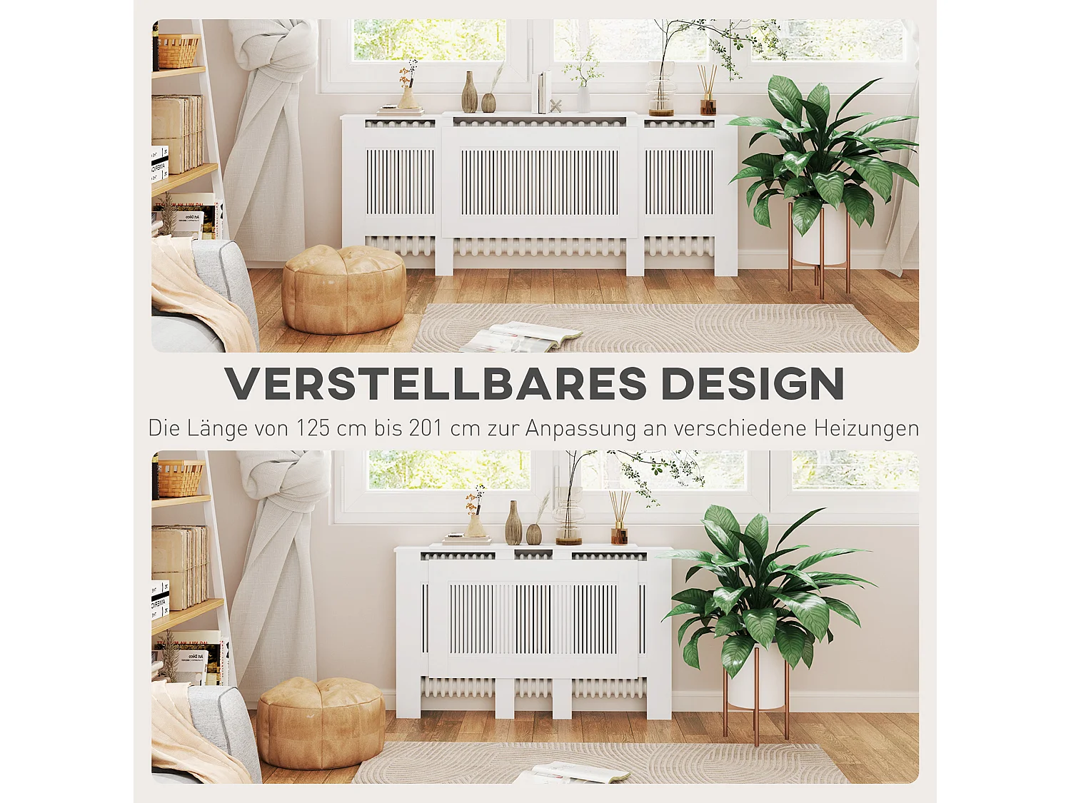 Cubreradiador extensible de MDF blanco con balda de almacenaje 125-201x19x81,5 cm