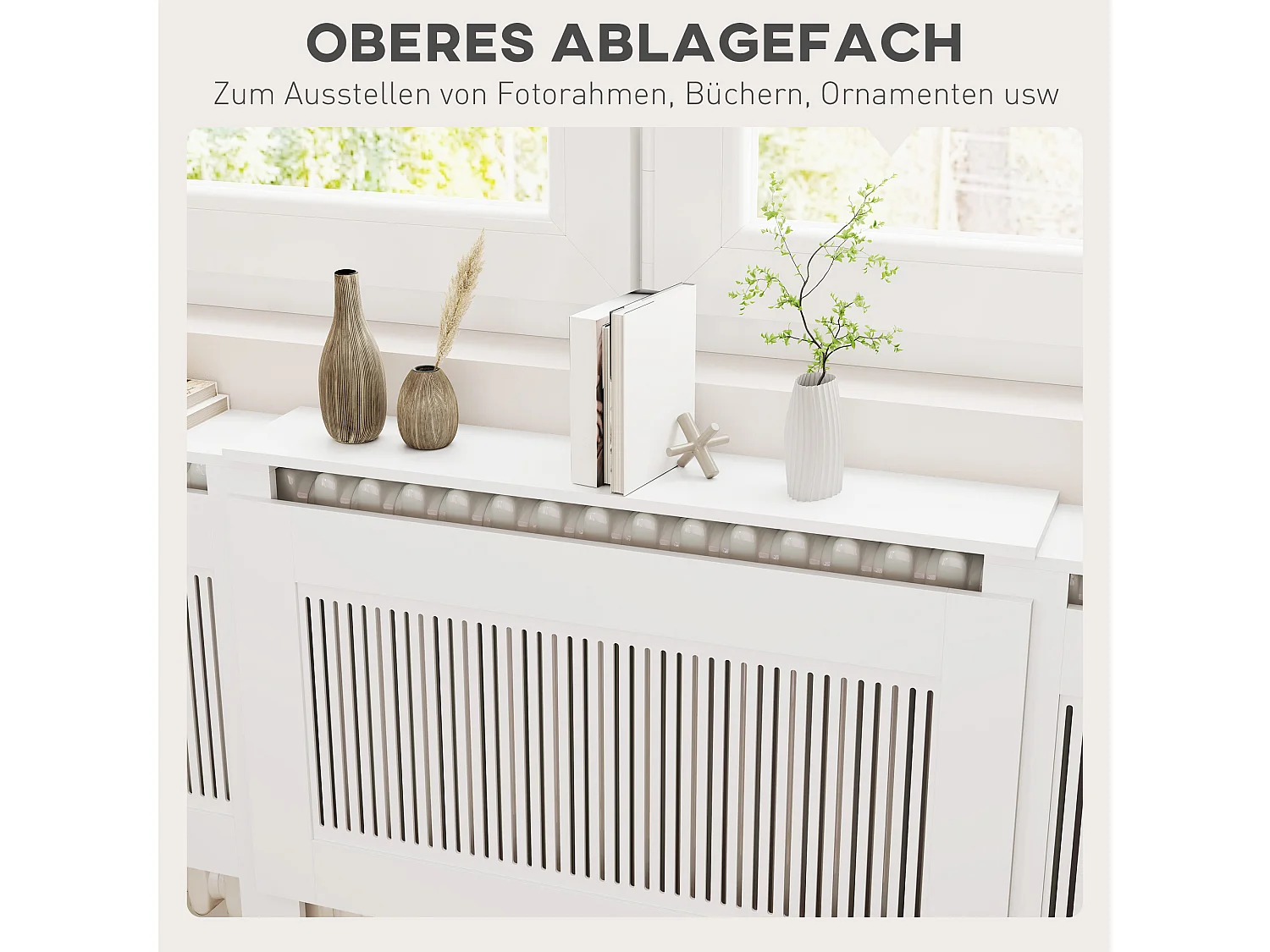 Cubreradiador extensible de MDF blanco con balda de almacenaje 125-201x19x81,5 cm