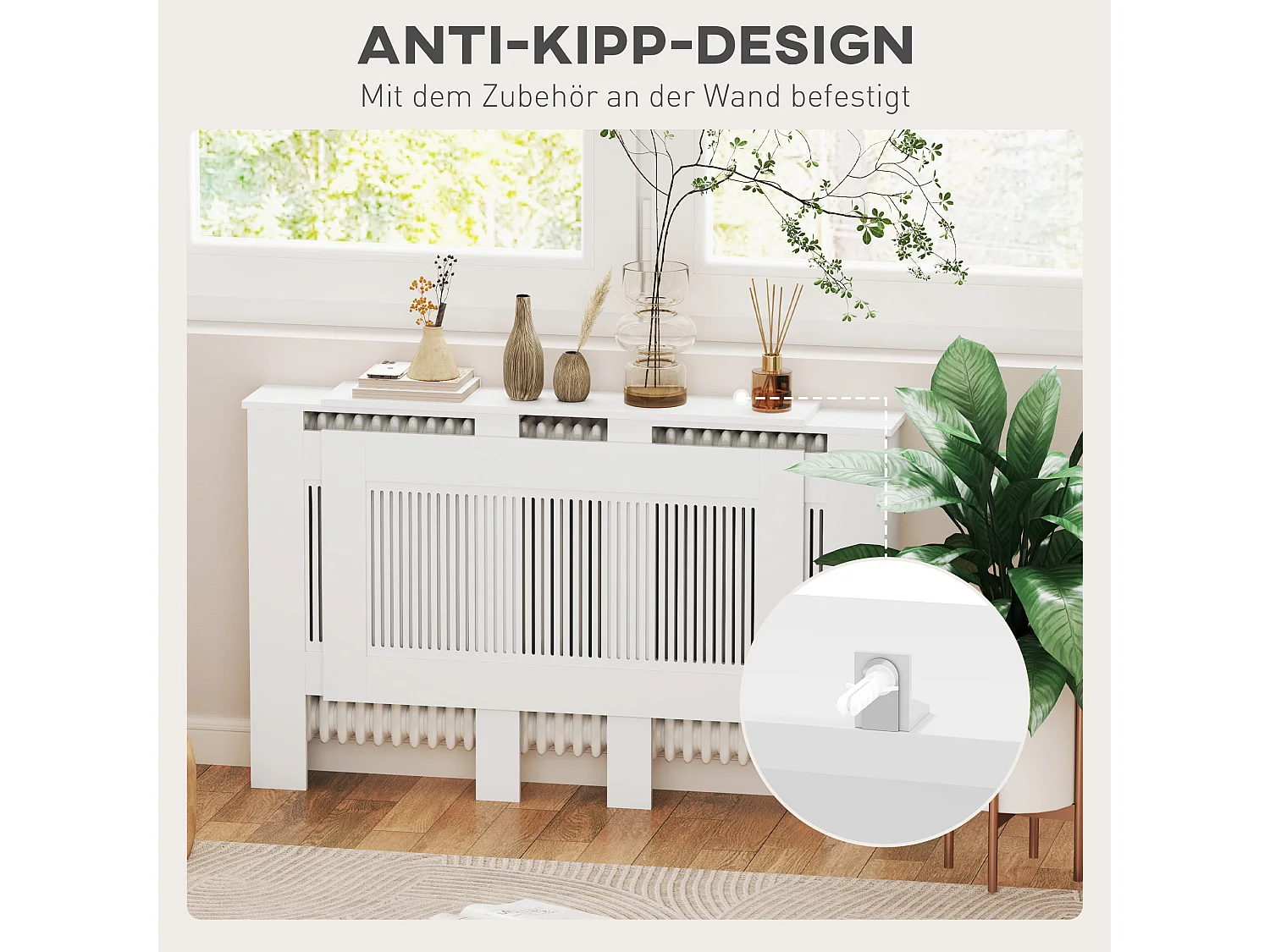 Cubreradiador extensible de MDF blanco con balda de almacenaje 125-201x19x81,5 cm