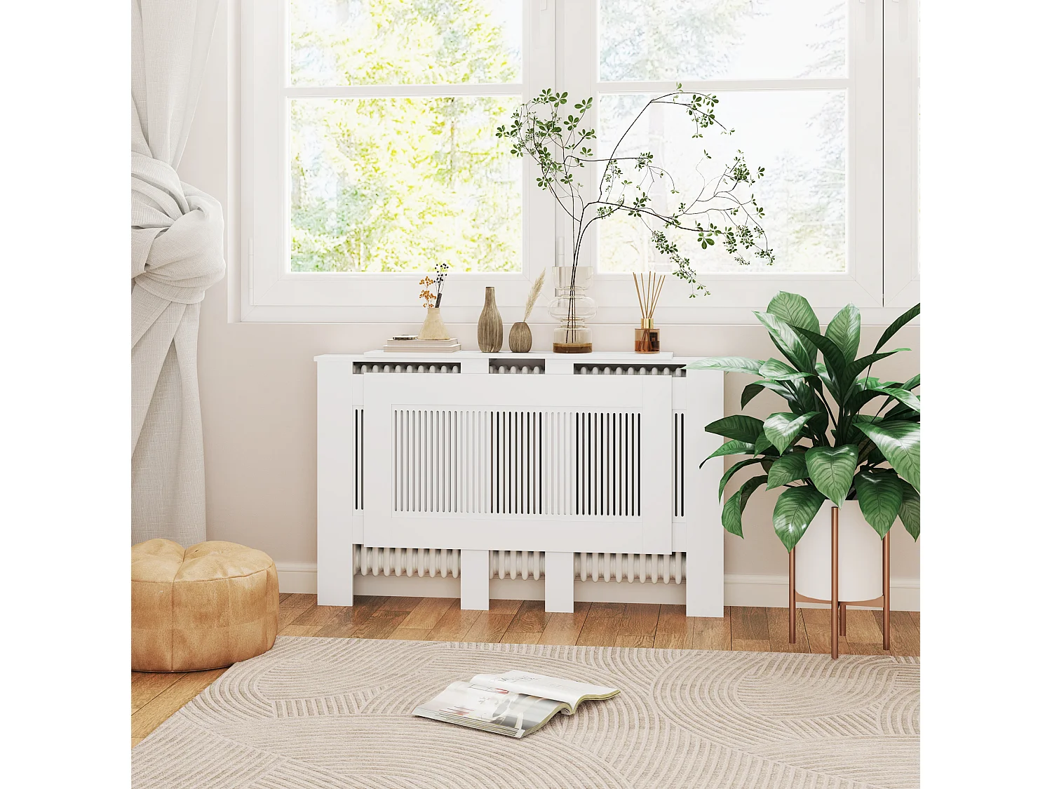 Cubreradiador extensible de MDF blanco con balda de almacenaje 125-201x19x81,5 cm