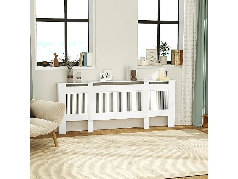 Cubreradiador extensible de MDF blanco con balda de almacenaje 125-201x19x81,5 cm