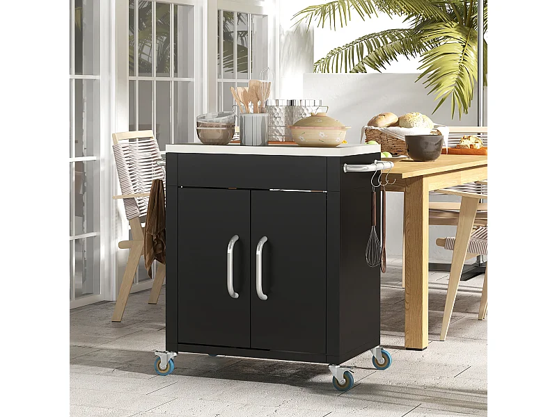 Carrello da cucina roulant in acciaio con plateau inox e uncinetto, rangement 86×50×86,5cm